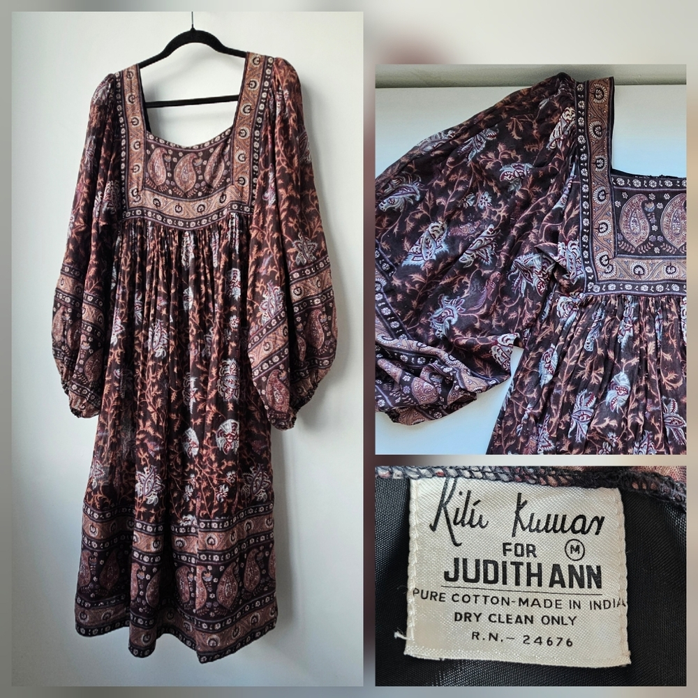 Ritu Kumar For Judith Ann 70's Wine Purple Paisely Cotton Balloon Sleeve Dress